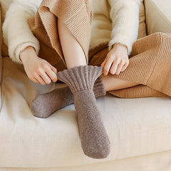 5pcs Cozy Thick Terry Winter Socks for Women, Mid-Calf Warm Snow Socks in Beige & Brown, Soft Polyester Blend, Solid Color, Perfect for Cold Weather, Cute Socks