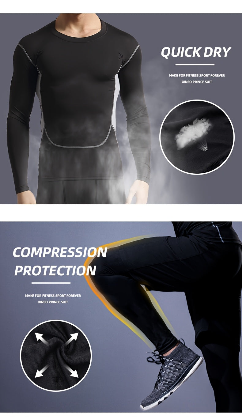 3pcs High Stretch Athletic Set - Breathable Mesh Long Sleeve Top, Skinny Fit Polyester & Spandex - Crew Neck, Solid Color, for Running, Basketball, Hiking, Training - Fall/Winter Sports Outfit