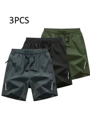 3pcs Men'S Summer Drawstring Casual Sports Shorts with zipper pockets- Breathable Fabric, Comfortable & quick-dry - Suitable for Outdoor Sports, Running, Hiking - For Men - Perfect Gift for Active Guys