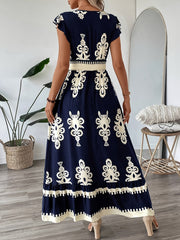 Navy Blue Floral Print Dress - Women's V-Neck A-Line, Ruffled Cap Sleeves, Cinched Waist, Lightweight Polyester, Perfect for Casual or Vacation Wear