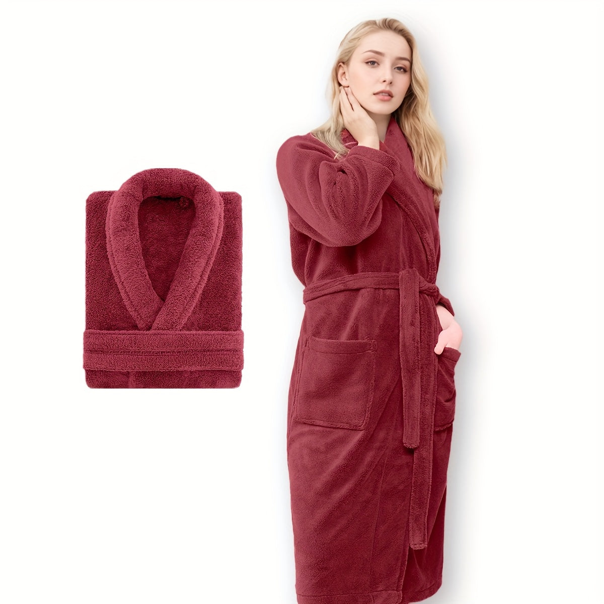 Unisex Extra Warm Coral Fleece Bathrobe Mens and Women Adult Robes for Your Bathroom Bedroom Shawl Collar Robes