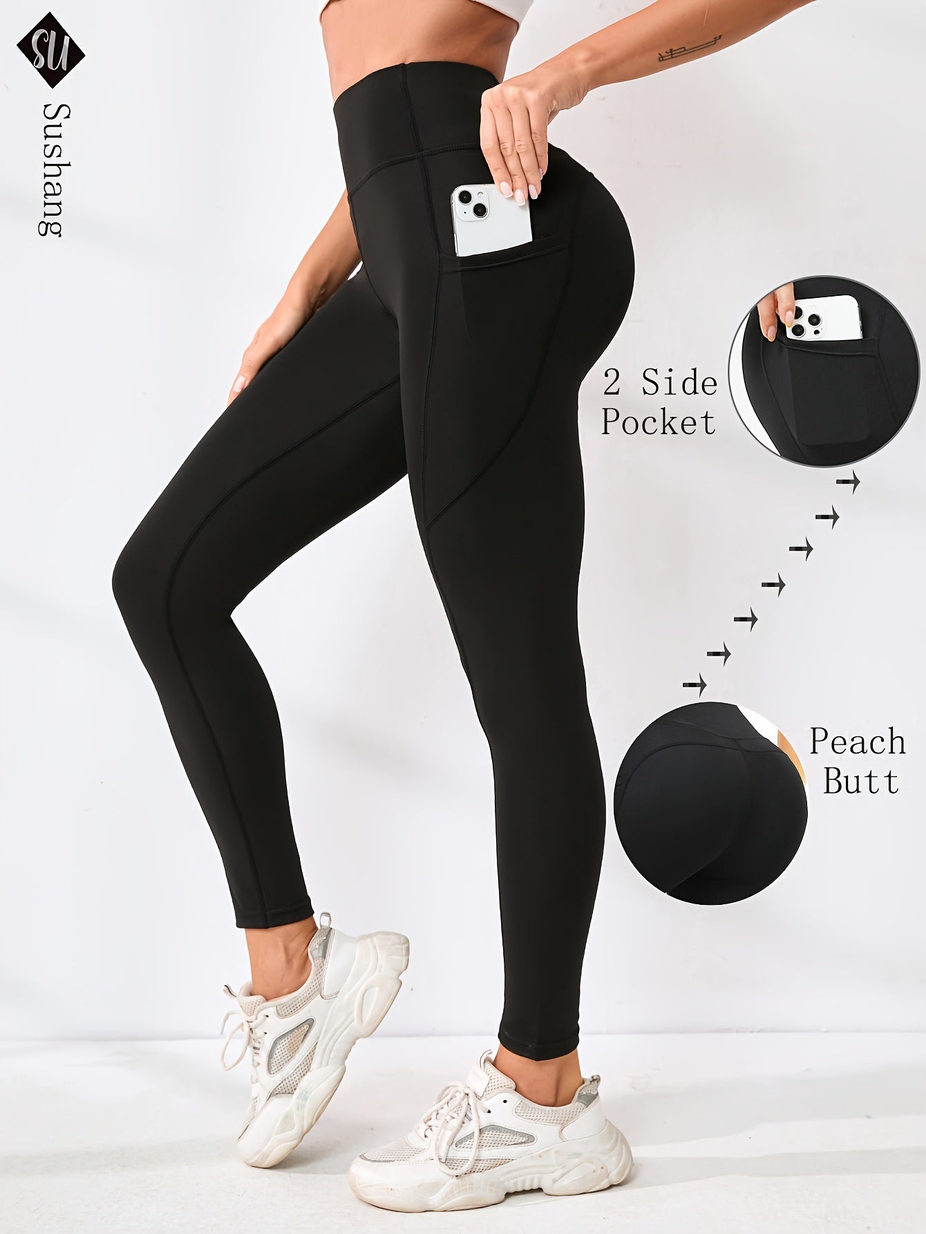 High Stretch Solid Color Yoga Pants, Women's Activewear With Pocket, Butt Lifting Sports Running Leggings