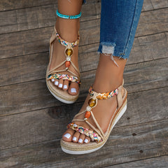 Fashionable Casual Wedge Heeled Women'S Sandals with a Bohemian Style, Featuring Hand-Woven Multicolored Elastic Bands And Open-Toe Design for Beach Wear.