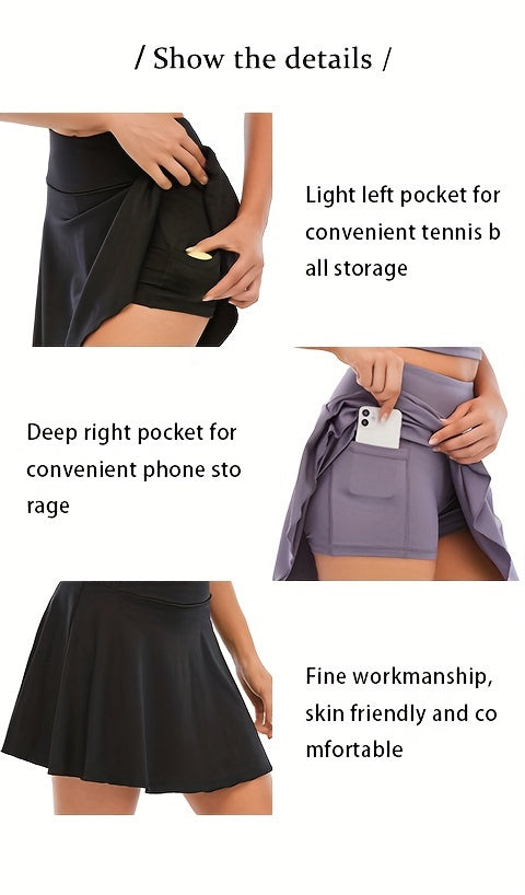 2-in-1 Womens Short Length Pleated Tennis Skirt with Built-in Shorts - High Stretch Polyester Comfort Fit Skort for Running, Summer Sports, with Pocket and No See-Through Design