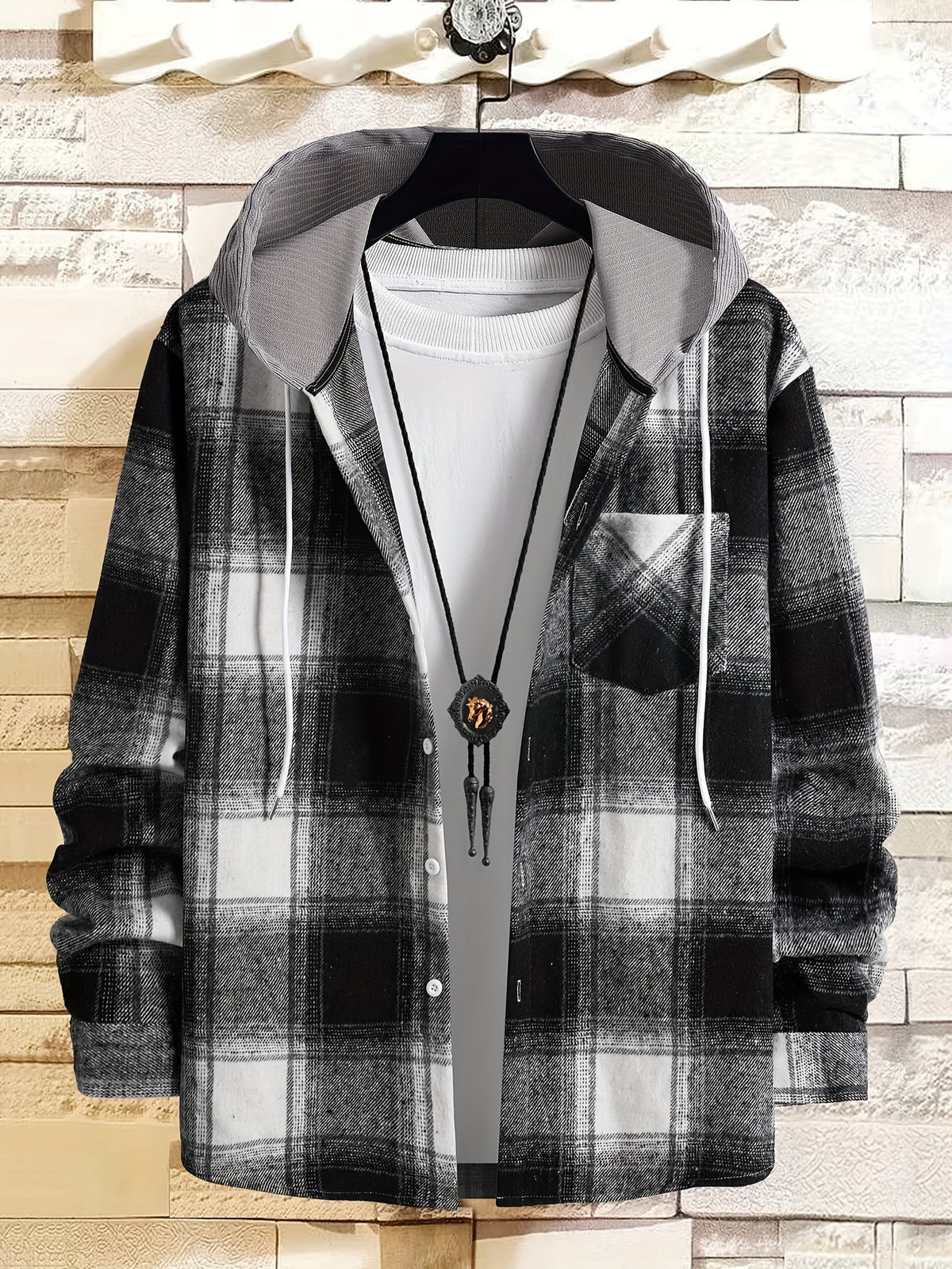 Plaid Shirt Coat For Men Long Sleeve Casual Regular Fit Button Up Hooded Shirts Jacket