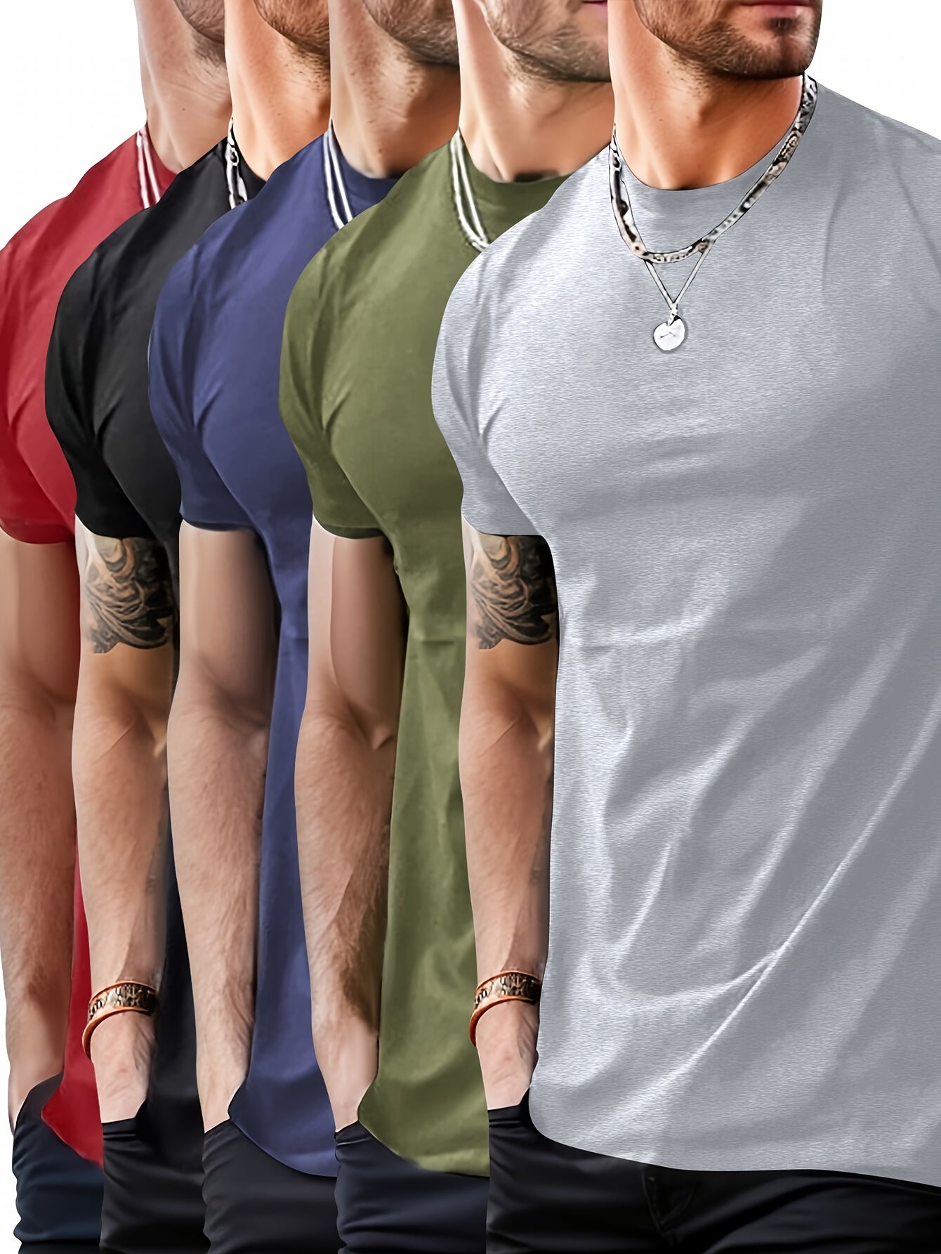 Set of 5 Men'S Short-Sleeve T-Shirts, New Summer Collection, Solid Colors, Round Neck, Pullover, Casual Sportswear for Men.