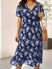 [Elegant Floral Dress] Lightweight Elegant Blue Floral Midi Dress - Chic Surplice Neck, Flutter Sleeves, Machine Washable Polyester Blend - Versatile All-Season Style for Women