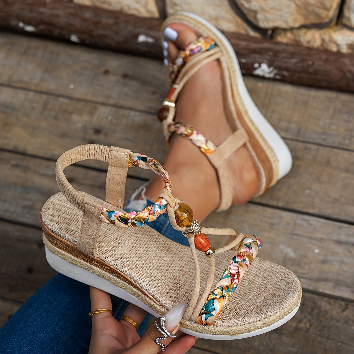 Fashionable Casual Wedge Heeled Women'S Sandals with a Bohemian Style, Featuring Hand-Woven Multicolored Elastic Bands And Open-Toe Design for Beach Wear.