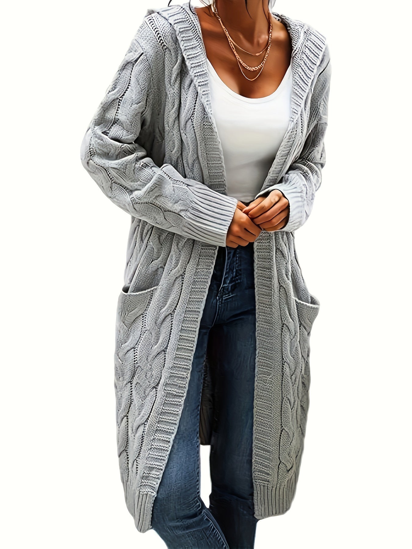 [Open Front] Women's Casual Cardigan - Black Cable Knit, Long Sleeve, Open Front with Pockets - Relaxed Fit for Fall/Winter