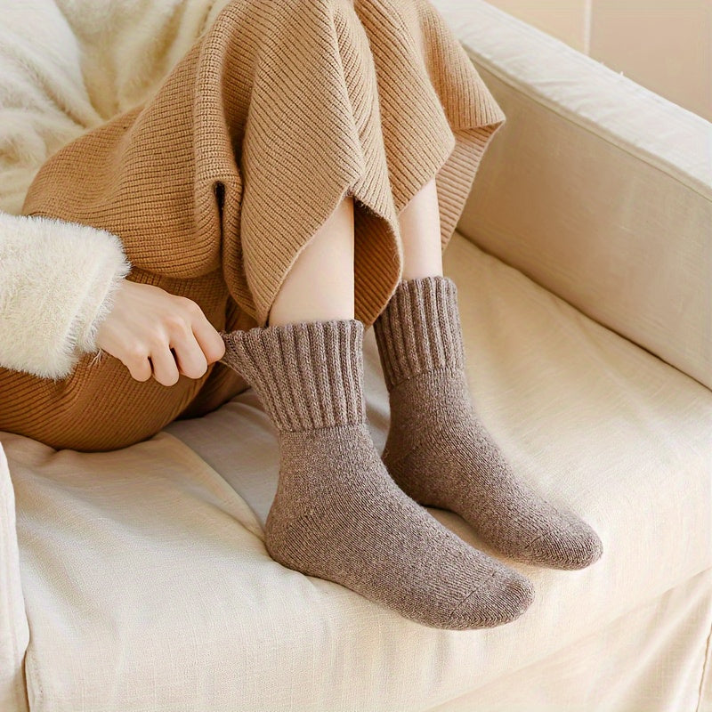 5pcs Cozy Thick Terry Winter Socks for Women, Mid-Calf Warm Snow Socks in Beige & Brown, Soft Polyester Blend, Solid Color, Perfect for Cold Weather, Cute Socks