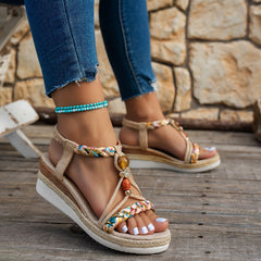 Fashionable Casual Wedge Heeled Women'S Sandals with a Bohemian Style, Featuring Hand-Woven Multicolored Elastic Bands And Open-Toe Design for Beach Wear.