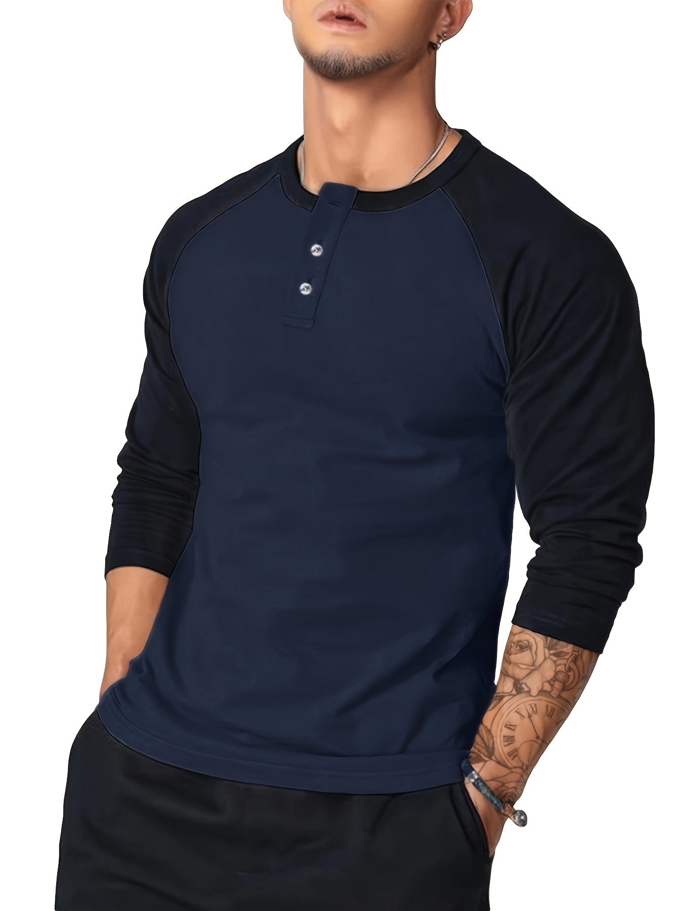 Mens Color Block Slim Fit T-shirt - Stylish Round Neck with Half Button - Perfect for Spring & Fall Sports and Casual Wear