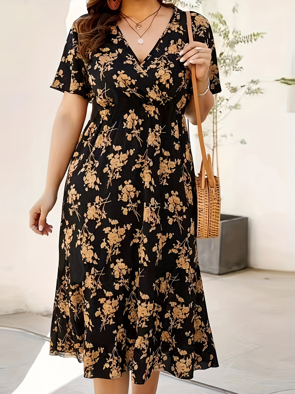 [Elegant Floral Dress] Lightweight Elegant Blue Floral Midi Dress - Chic Surplice Neck, Flutter Sleeves, Machine Washable Polyester Blend - Versatile All-Season Style for Women