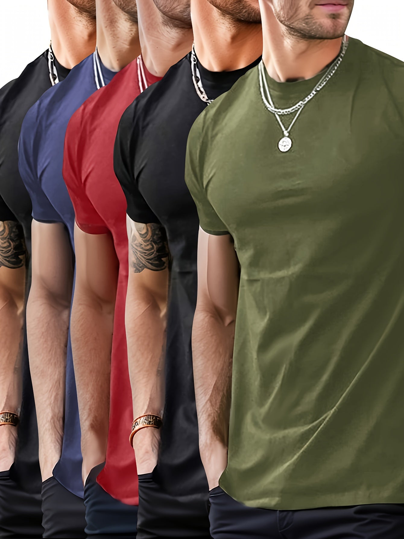 Set of 5 Men'S Short-Sleeve T-Shirts, New Summer Collection, Solid Colors, Round Neck, Pullover, Casual Sportswear for Men.