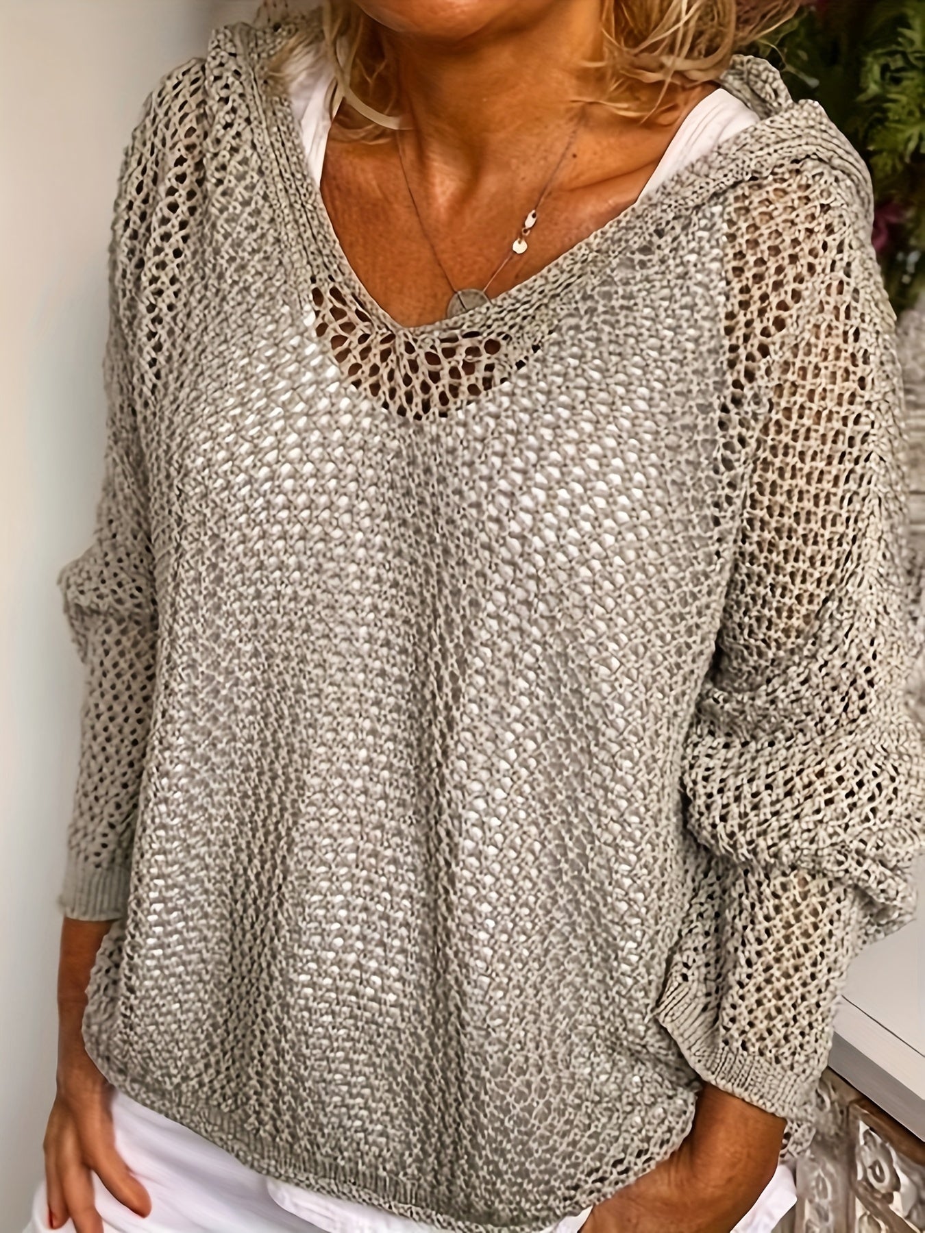 Casual Long Sleeve Hooded Sweater - Hollow Out V-neck Knitted - Women's Clothing Coverup