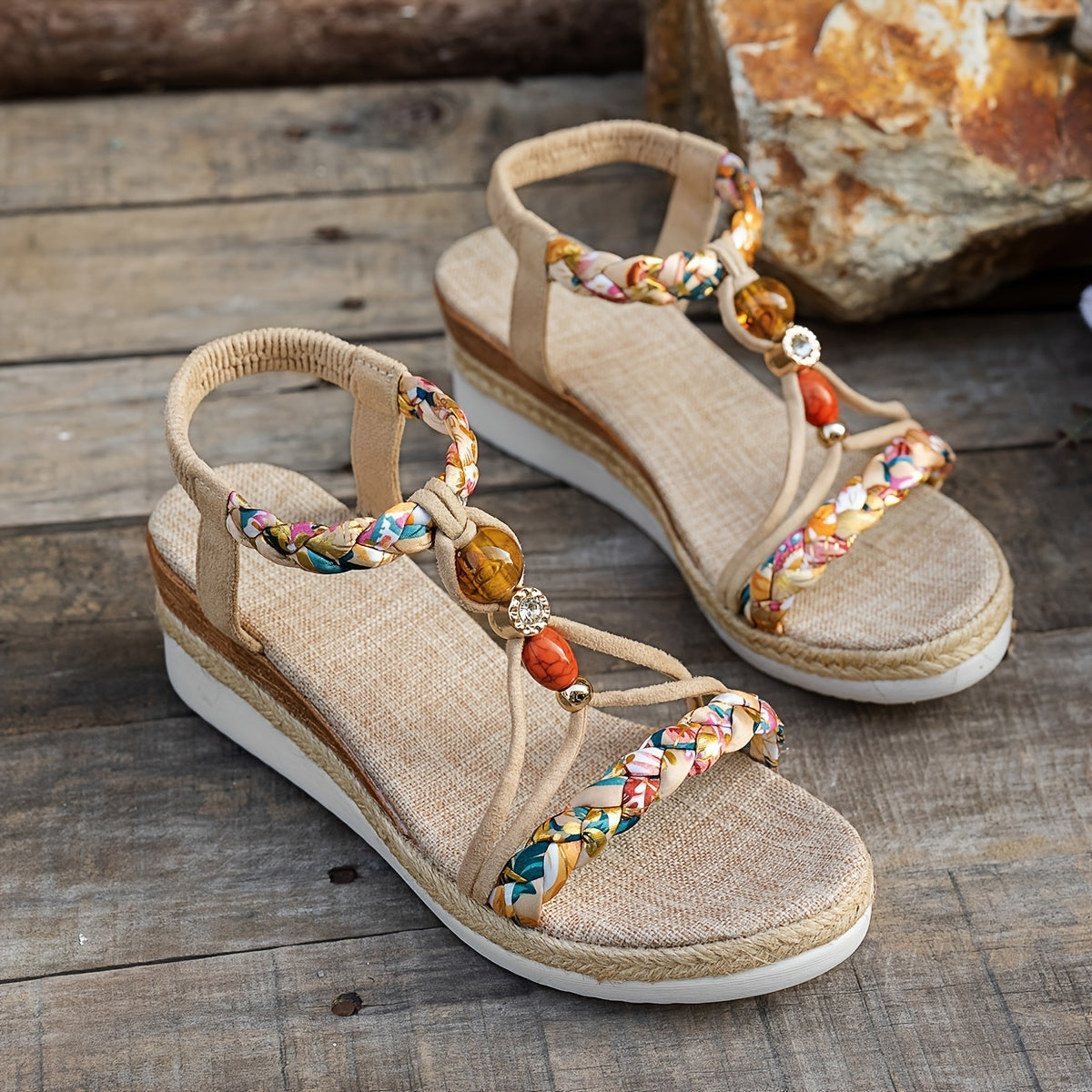 Fashionable Casual Wedge Heeled Women'S Sandals with a Bohemian Style, Featuring Hand-Woven Multicolored Elastic Bands And Open-Toe Design for Beach Wear.