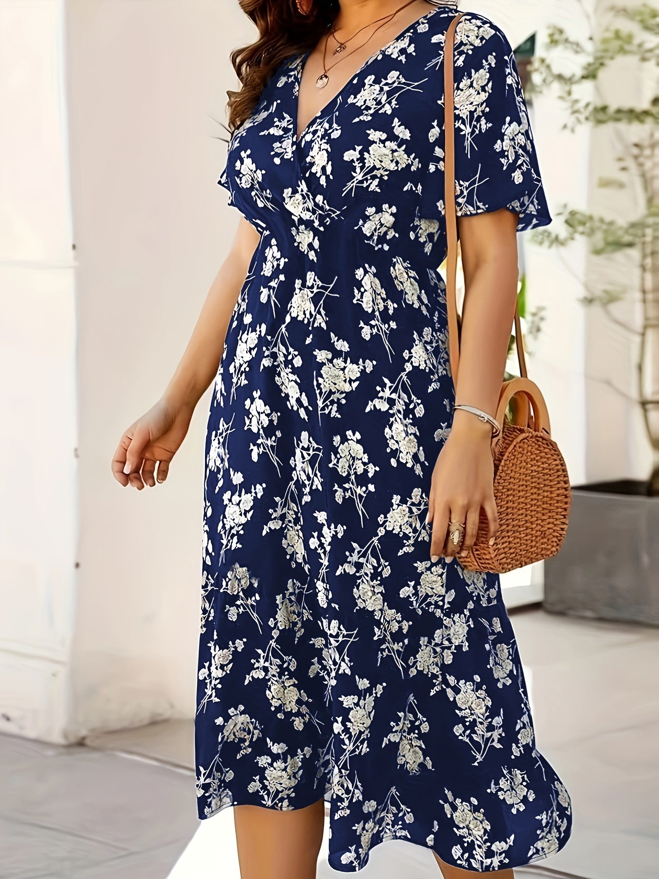 [Elegant Floral Dress] Lightweight Elegant Blue Floral Midi Dress - Chic Surplice Neck, Flutter Sleeves, Machine Washable Polyester Blend - Versatile All-Season Style for Women