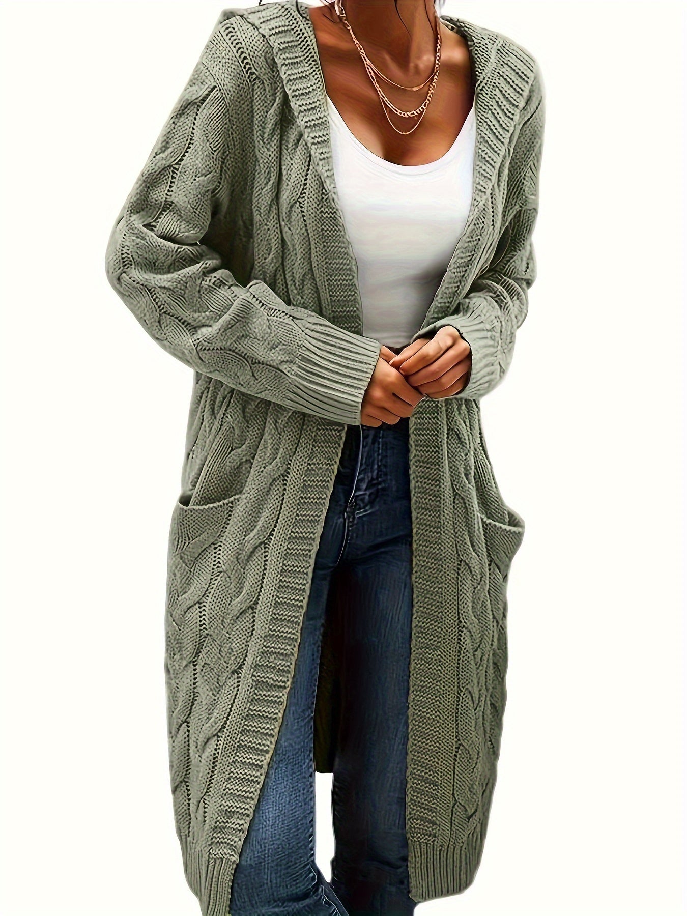 [Open Front] Women's Casual Cardigan - Black Cable Knit, Long Sleeve, Open Front with Pockets - Relaxed Fit for Fall/Winter