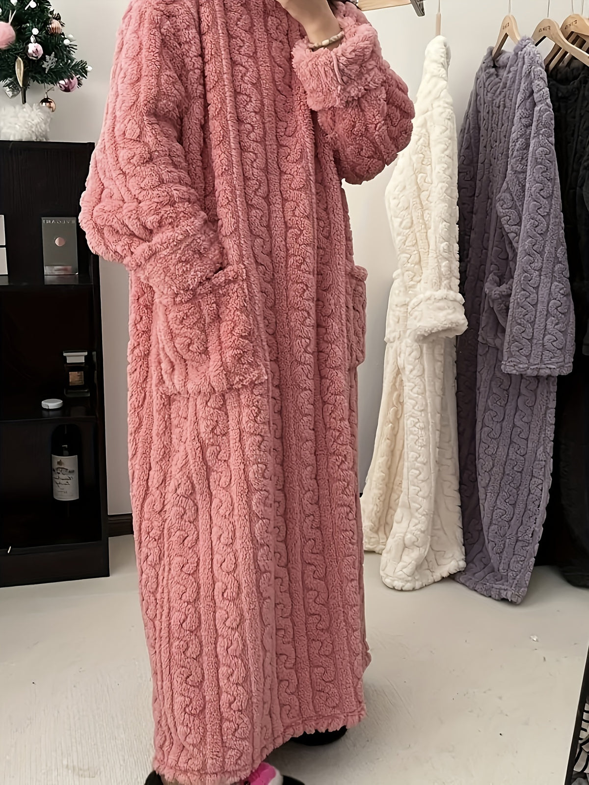 1pc Cozy Coral Fleece Long Nightdress with Pockets - Warm, Plush Winter Pajamas Bathrobe, Thickened High Weight, Comfortable Home Wear for Adults