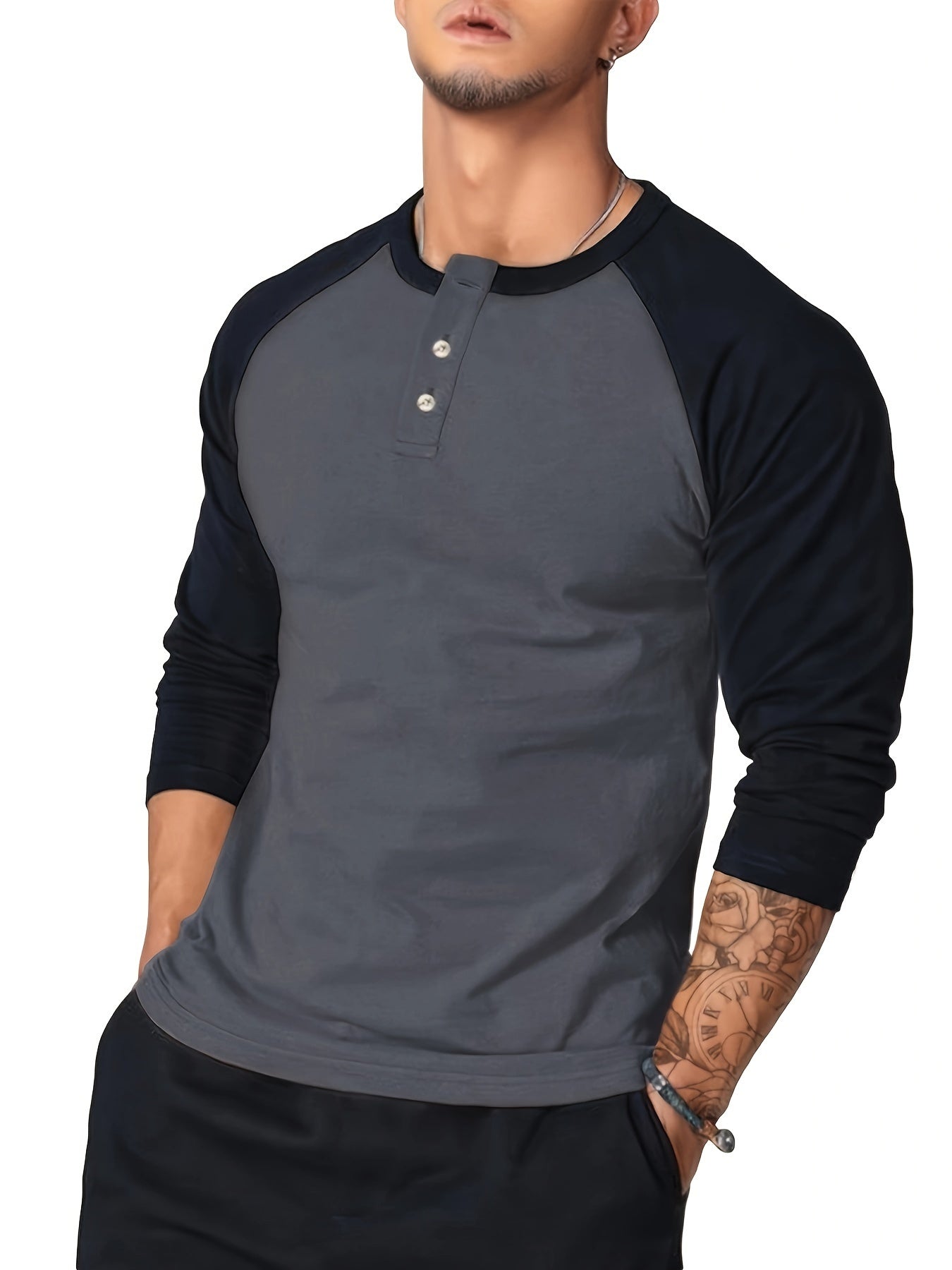 Mens Color Block Slim Fit T-shirt - Stylish Round Neck with Half Button - Perfect for Spring & Fall Sports and Casual Wear