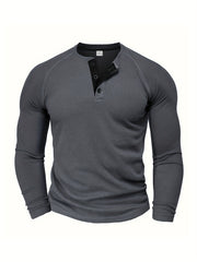 [Loose Solid Henley Shirt] Men's Loose Solid Henley Shirt, Crew Neck Half Button Long Sleeve Shirt For Spring Fall Outdoor Activities