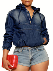 Women'S Half Zip Denim Hoodie Pullover Jacket Jean Tops Cowboy Hoodie Casual Hoodie