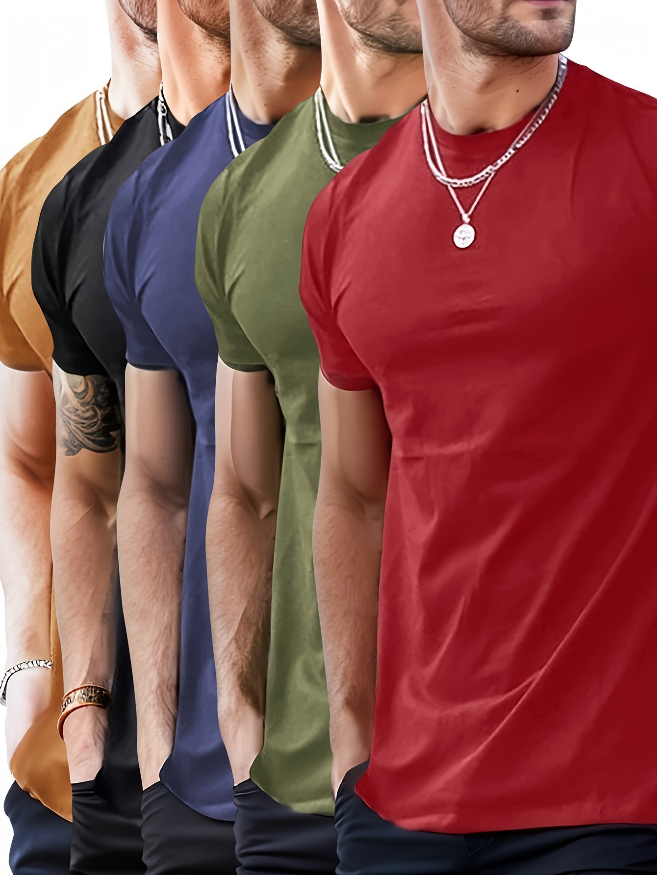 Set of 5 Men'S Short-Sleeve T-Shirts, New Summer Collection, Solid Colors, Round Neck, Pullover, Casual Sportswear for Men.