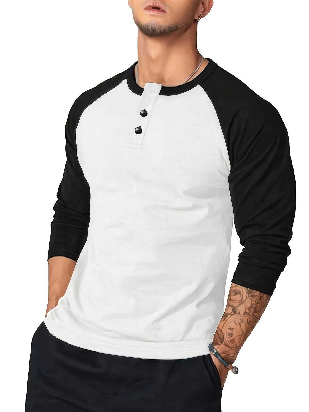 Mens Color Block Slim Fit T-shirt - Stylish Round Neck with Half Button - Perfect for Spring & Fall Sports and Casual Wear