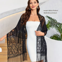 Elegant Black Lace Shawl with Floral Patterns and Tassels, Sheer Long Sleeves - Perfect for Evening Parties and Weddings, 70.8*23.6in, Decorative Coverup|Elegant Lace Design|Fringed Edges