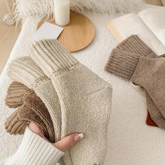 5pcs Cozy Thick Terry Winter Socks for Women, Mid-Calf Warm Snow Socks in Beige & Brown, Soft Polyester Blend, Solid Color, Perfect for Cold Weather, Cute Socks