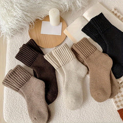 5pcs Cozy Thick Terry Winter Socks for Women, Mid-Calf Warm Snow Socks in Beige & Brown, Soft Polyester Blend, Solid Color, Perfect for Cold Weather, Cute Socks