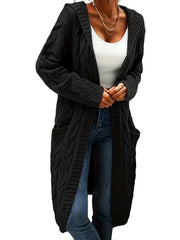 [Open Front] Women's Casual Cardigan - Black Cable Knit, Long Sleeve, Open Front with Pockets - Relaxed Fit for Fall/Winter