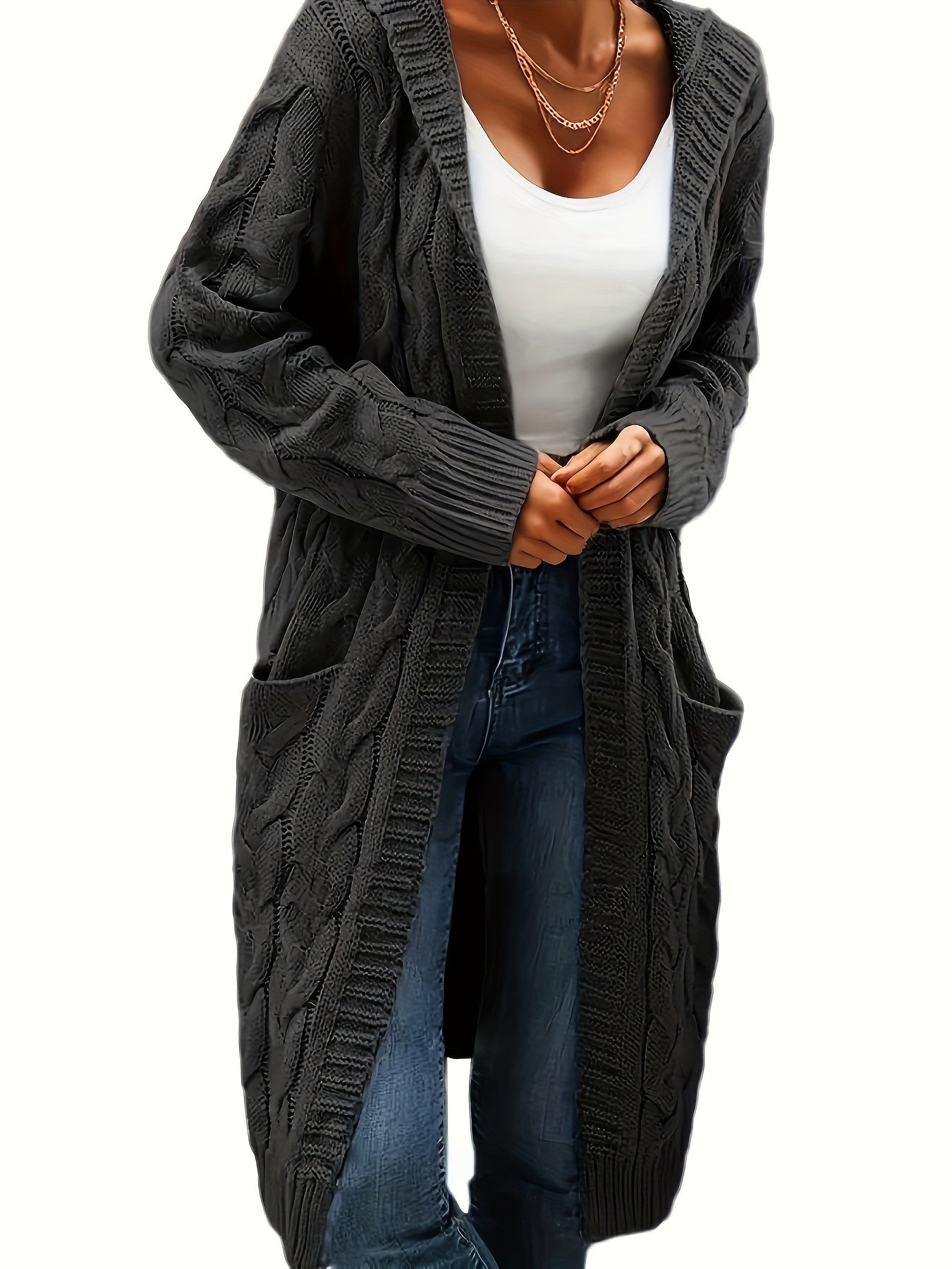 [Open Front] Women's Casual Cardigan - Black Cable Knit, Long Sleeve, Open Front with Pockets - Relaxed Fit for Fall/Winter