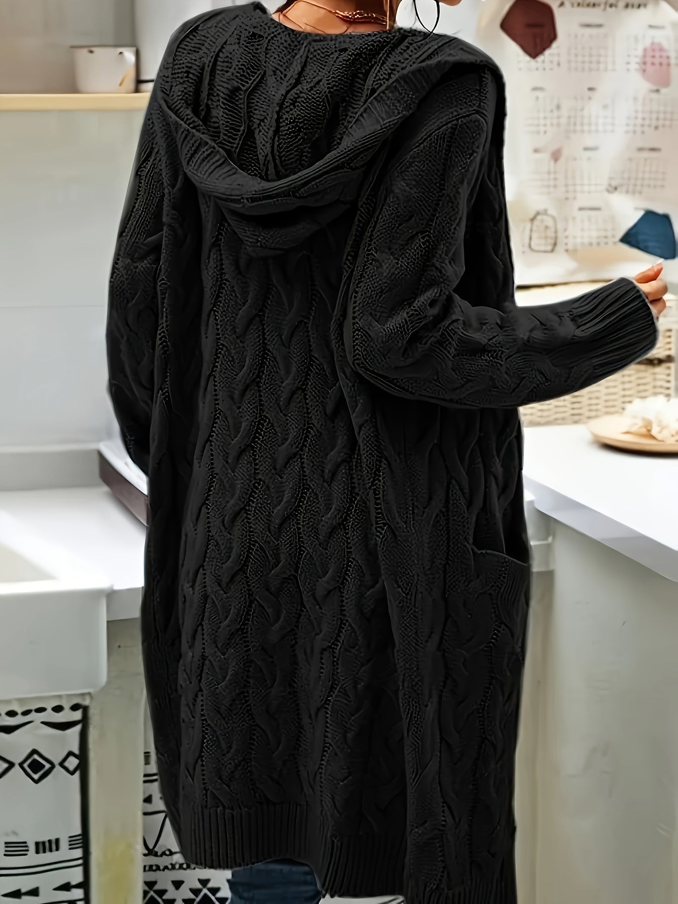 [Open Front] Women's Casual Cardigan - Black Cable Knit, Long Sleeve, Open Front with Pockets - Relaxed Fit for Fall/Winter