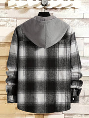 Plaid Shirt Coat For Men Long Sleeve Casual Regular Fit Button Up Hooded Shirts Jacket