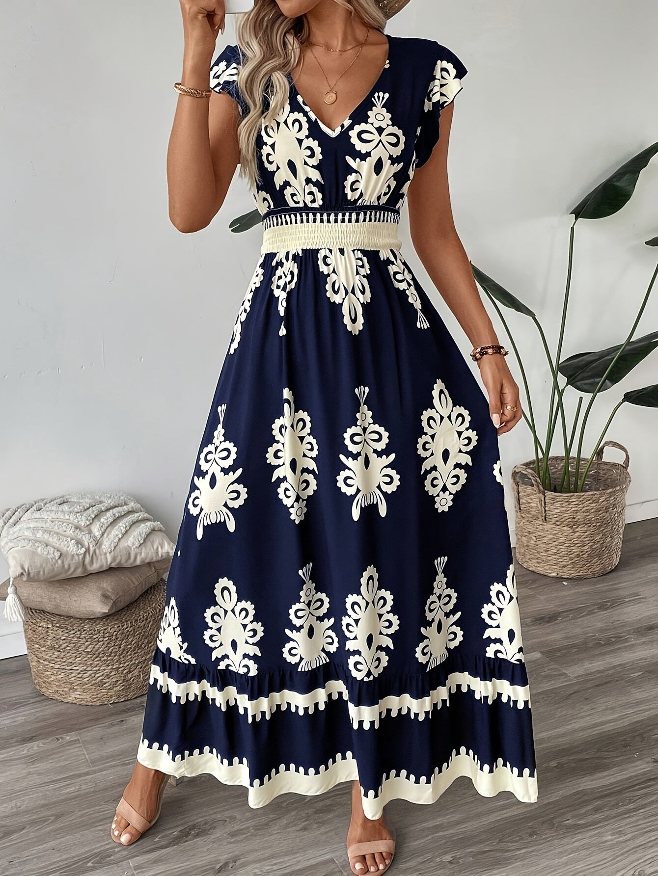 Navy Blue Floral Print Dress - Women's V-Neck A-Line, Ruffled Cap Sleeves, Cinched Waist, Lightweight Polyester, Perfect for Casual or Vacation Wear