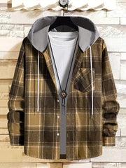 Plaid Shirt Coat For Men Long Sleeve Casual Regular Fit Button Up Hooded Shirts Jacket